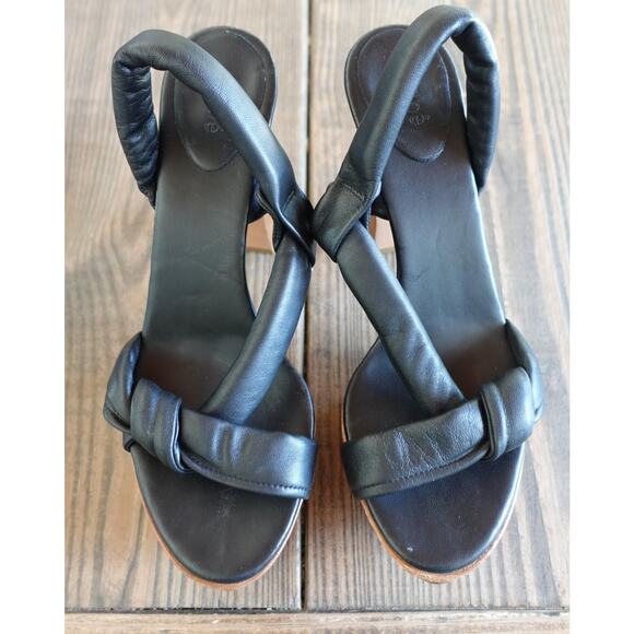 Chloe Platform Shoes 41 Black Tan Leather Wood Block High Heels Boho 70s Italy - Picture 2 of 10